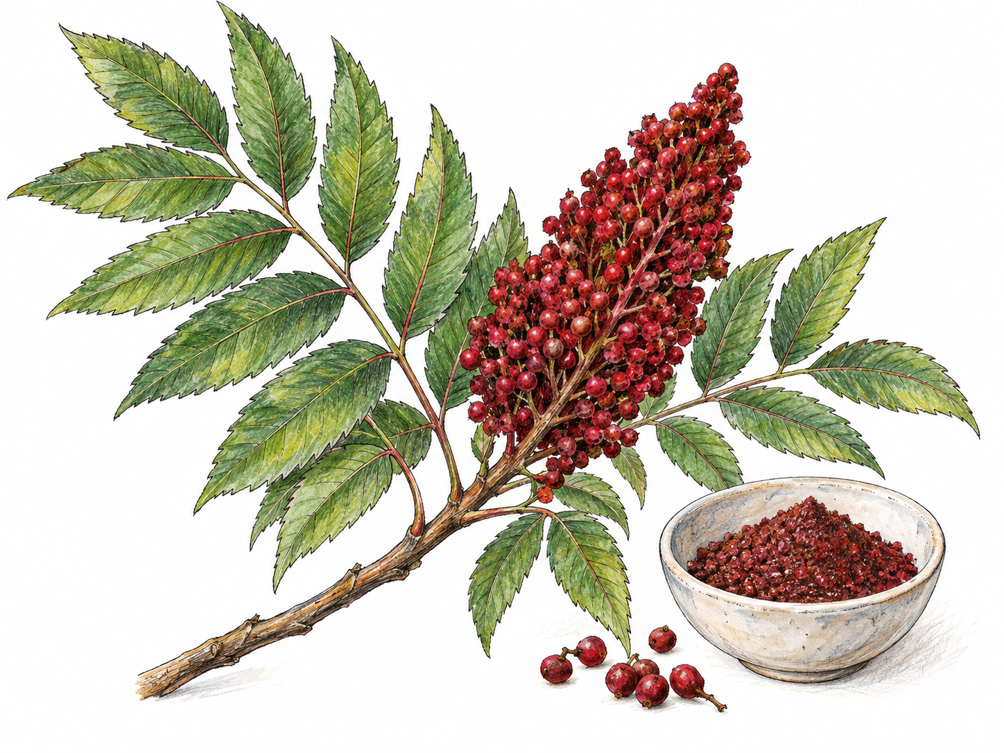 A fruiting culinary sumac branch with serrated compound leaves and a dense cluster of deep-red berries, beside a small plain bowl of coarse burgundy sumac spice.