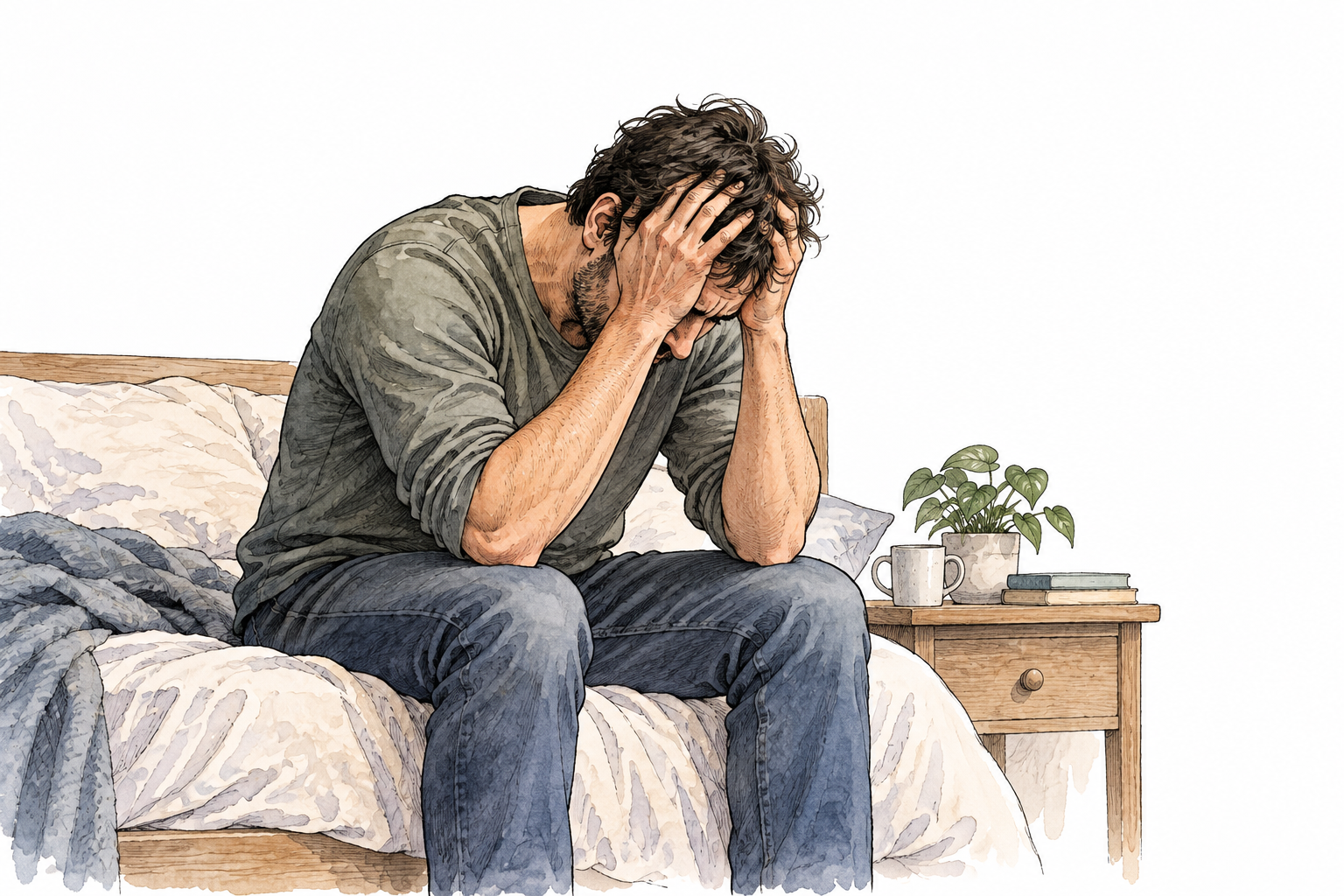 An adult in deep emotional anguish sits with head in hands on a bed, compassionate nonviolent portrayal.