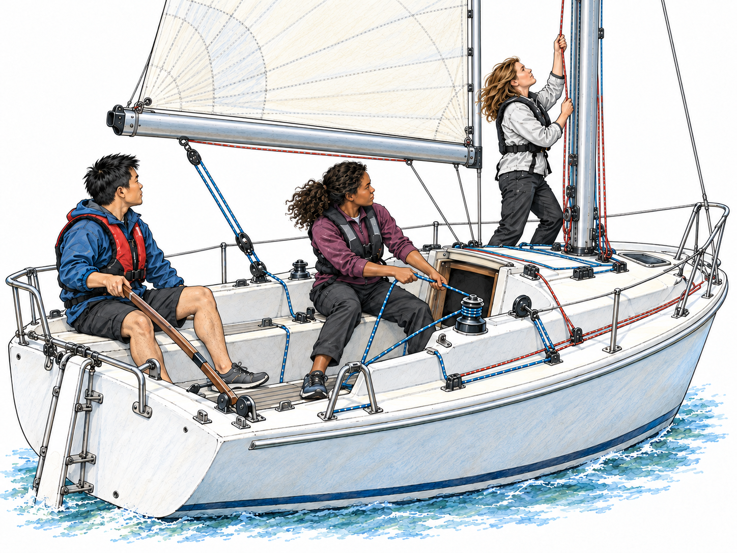 Three people operate a small sailing boat together: one steers, one trims a sail line, and one works the mast halyard.