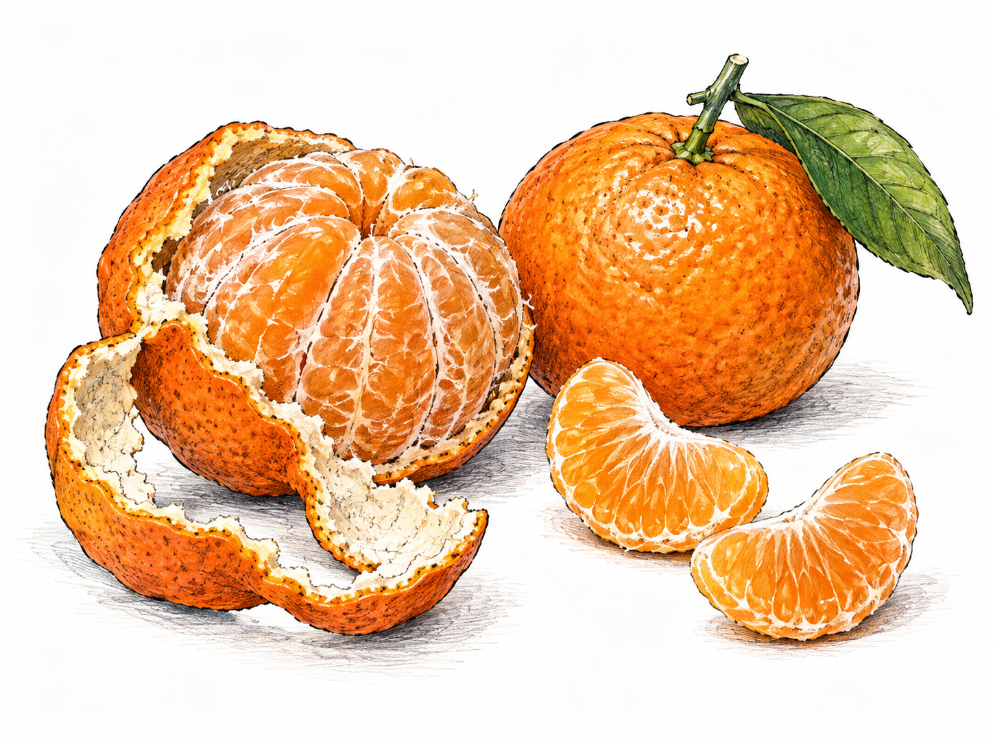 A small tangerine partly peeled in a curling loose orange rind beside its intact mate and two separated juicy segments, natural pith and fine skin texture drawn in ink.