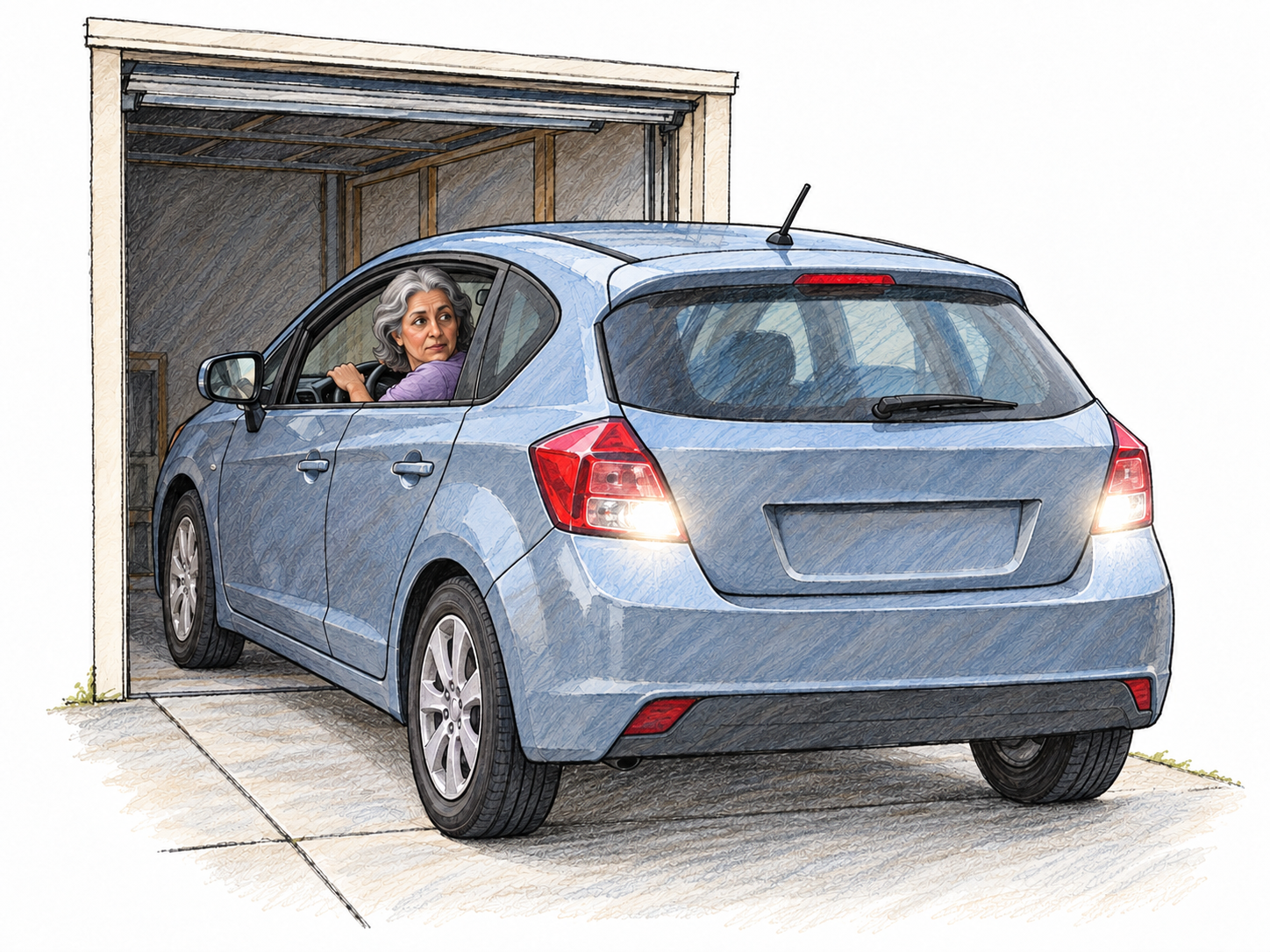 A driver backs a car out of a narrow garage, with the rear emerging first, white reversing lights illuminated, and the driver looking over her shoulder toward the rear.