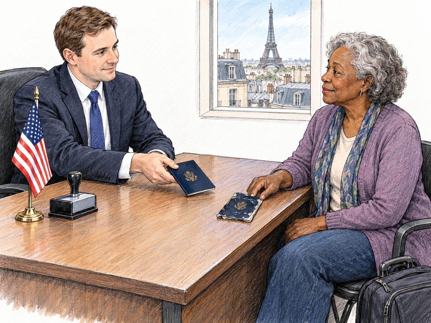 Consular citizen assistance abroad: an American official helps an American traveler with her passport at a U.S.