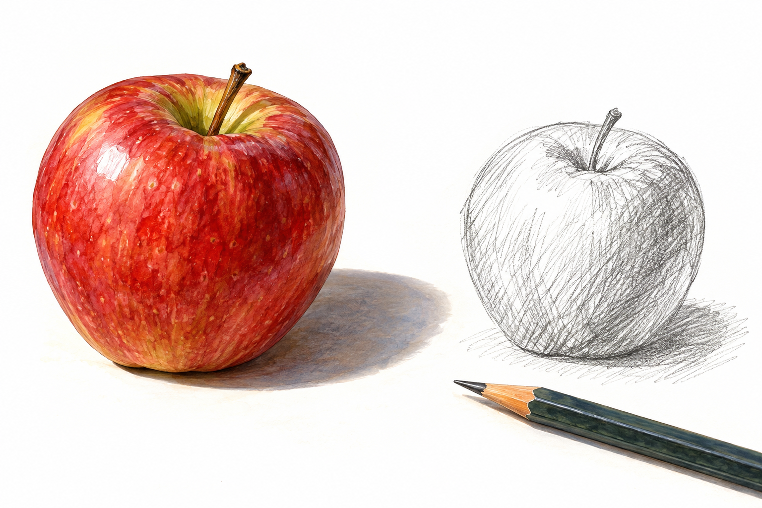 A real red apple casts a shadow beside its simple pencil sketch, tangible actual object emphasized.