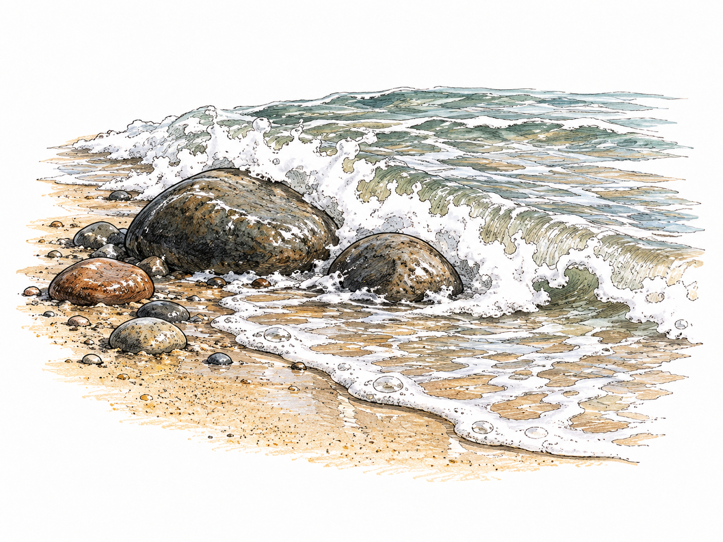 A small foamy wave rushes over smooth beach stones and spreads thinly across sand, visibly washing a surface, natural water motion in pen lines.