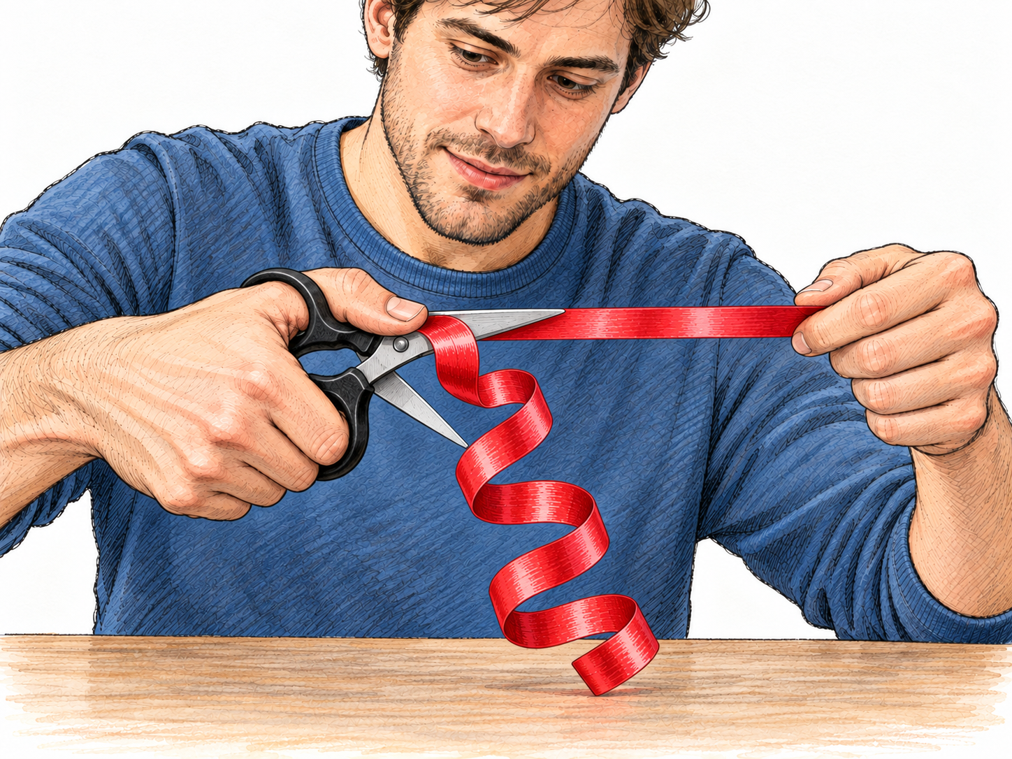 A man curls a flat gift ribbon by drawing it across a scissor blade; the straight ribbon visibly becomes springy coils immediately beyond the blade.