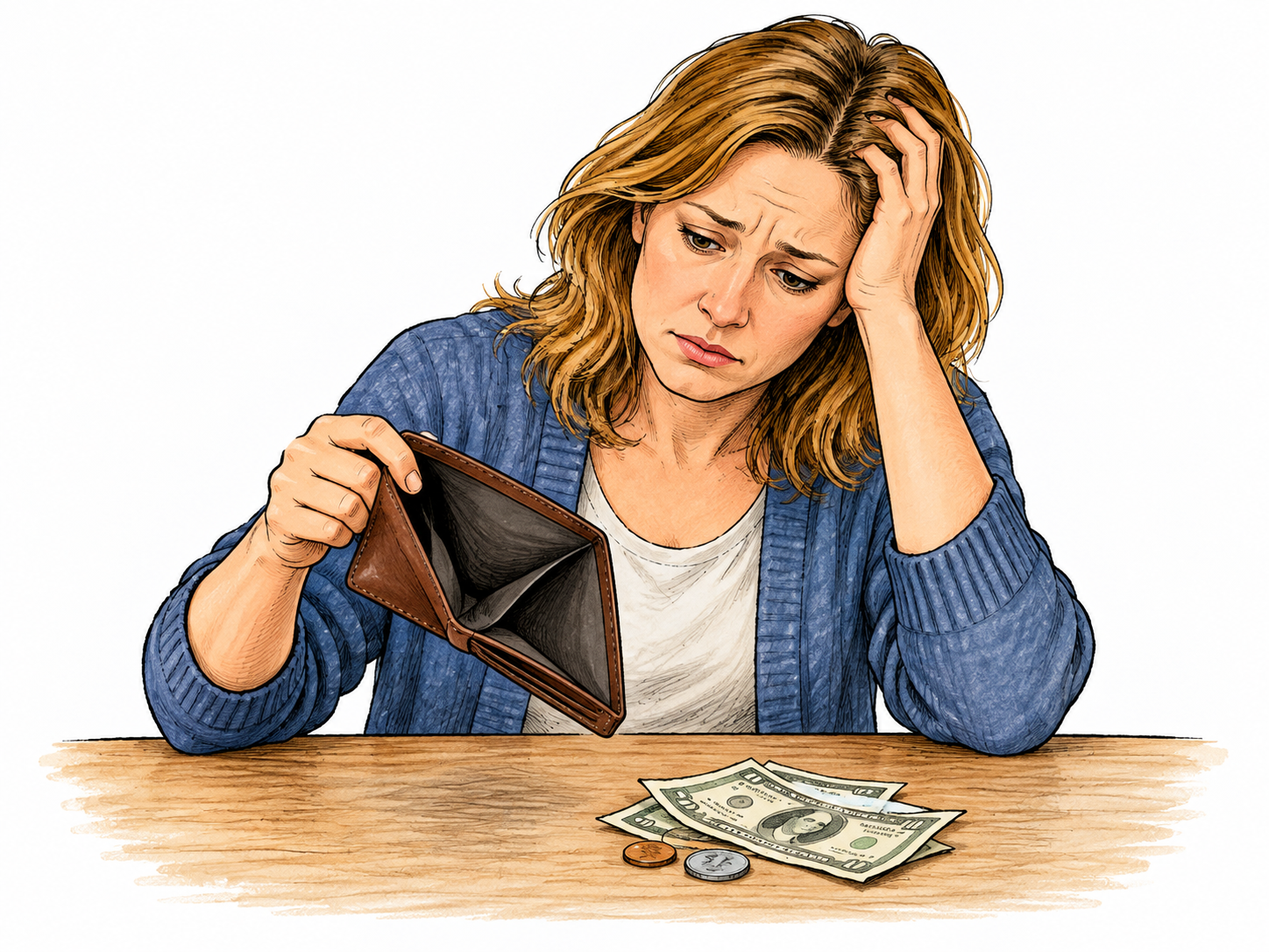 An adult turns out an empty wallet beside a small pile of bills with abstract unreadable bars; temporary money shortage, respectful expression.