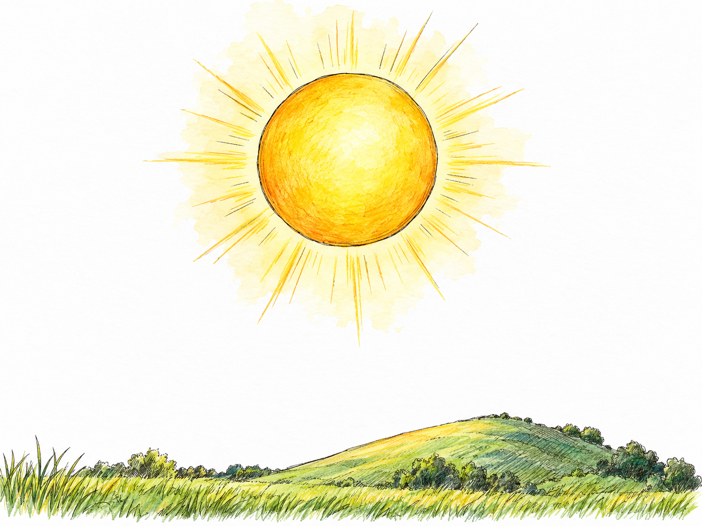 A bright golden sun above a small, sunlit patch of Earth’s landscape, with warm light falling across grass and a low hill.