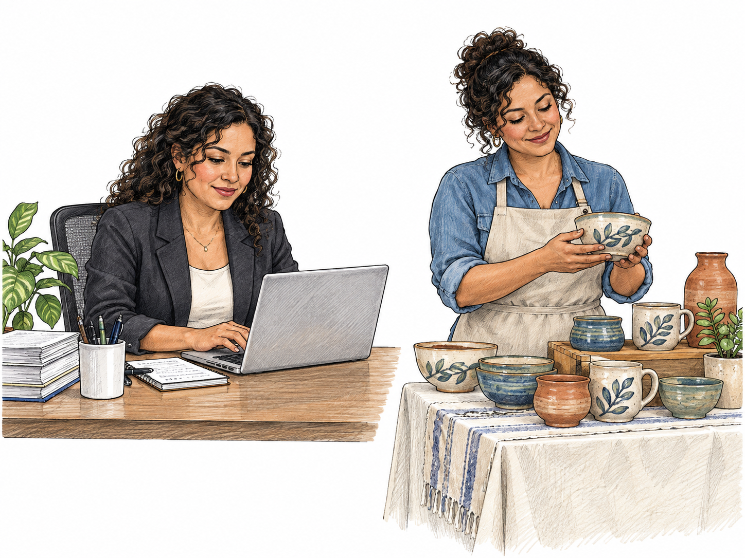 The same adult works at an office desk in one small vignette and sells handmade pottery at a weekend table in another; secondary activity alongside main employment.