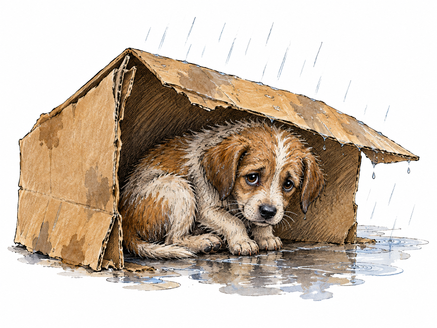 Small wet stray puppy huddles beneath a broken cardboard shelter edge, drooping ears and sorrowful eyes; sparse puddle and rain strokes localized around puppy, broad white margins, no injury.