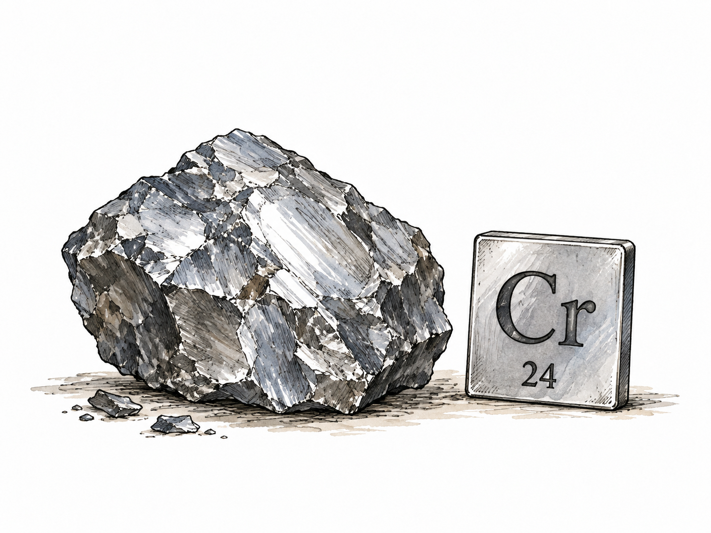 A silver-gray metallic chromium sample beside a small element tile reading Cr and 24, no invented properties.
