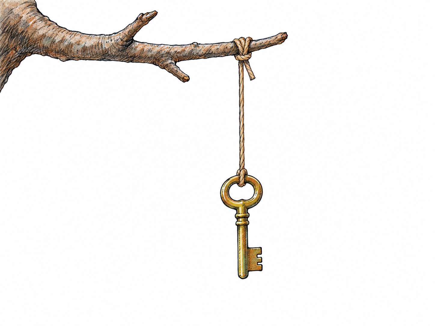 A small brass key dangles freely from a loose cord tied to the tip of a short bare branch, with open space beneath and around it.