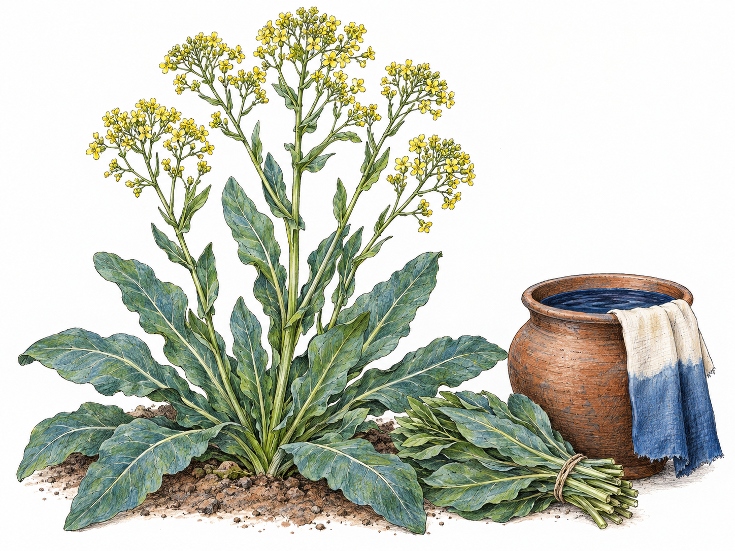 A recognizable flowering woad plant beside harvested leaves, a simple earthenware dye vessel, and blue-dyed linen, linking the plant itself to its traditional use without adding people.