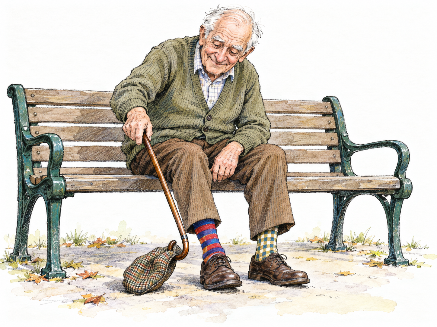 An elderly man with a gently eccentric appearance sits on a simple park bench, cheerfully using a walking stick to lift his fallen flat cap while wearing conspicuously mismatched socks.