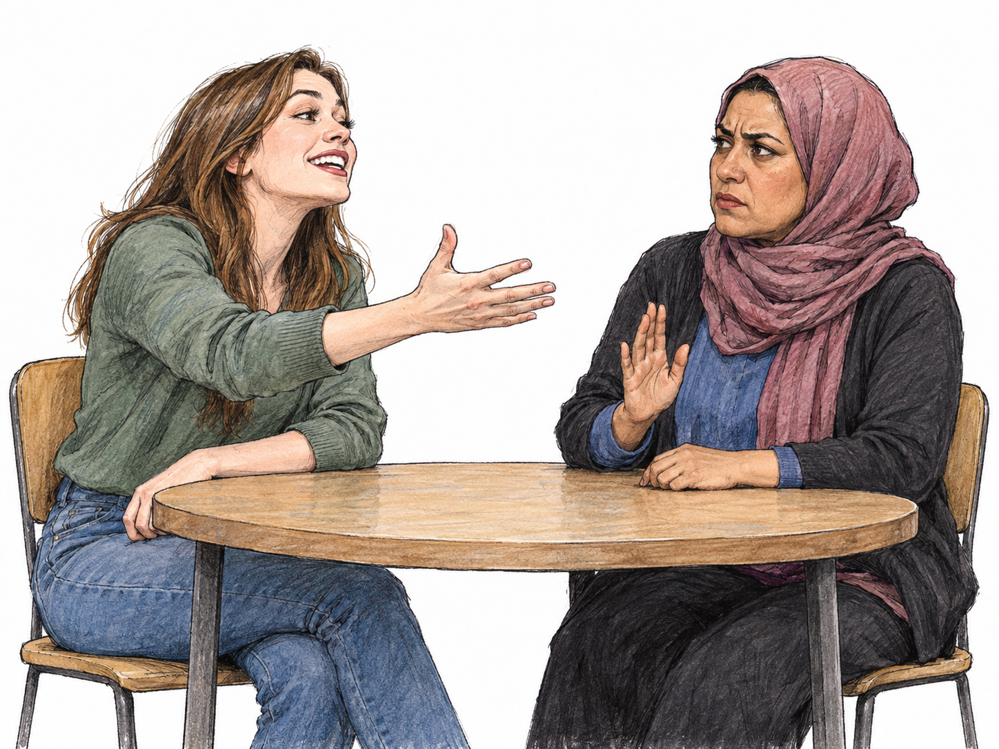 A young woman rudely interrupts a seated colleague, leaning forward with an expansive gesture and an overconfident grin while the colleague pauses mid-explanation.