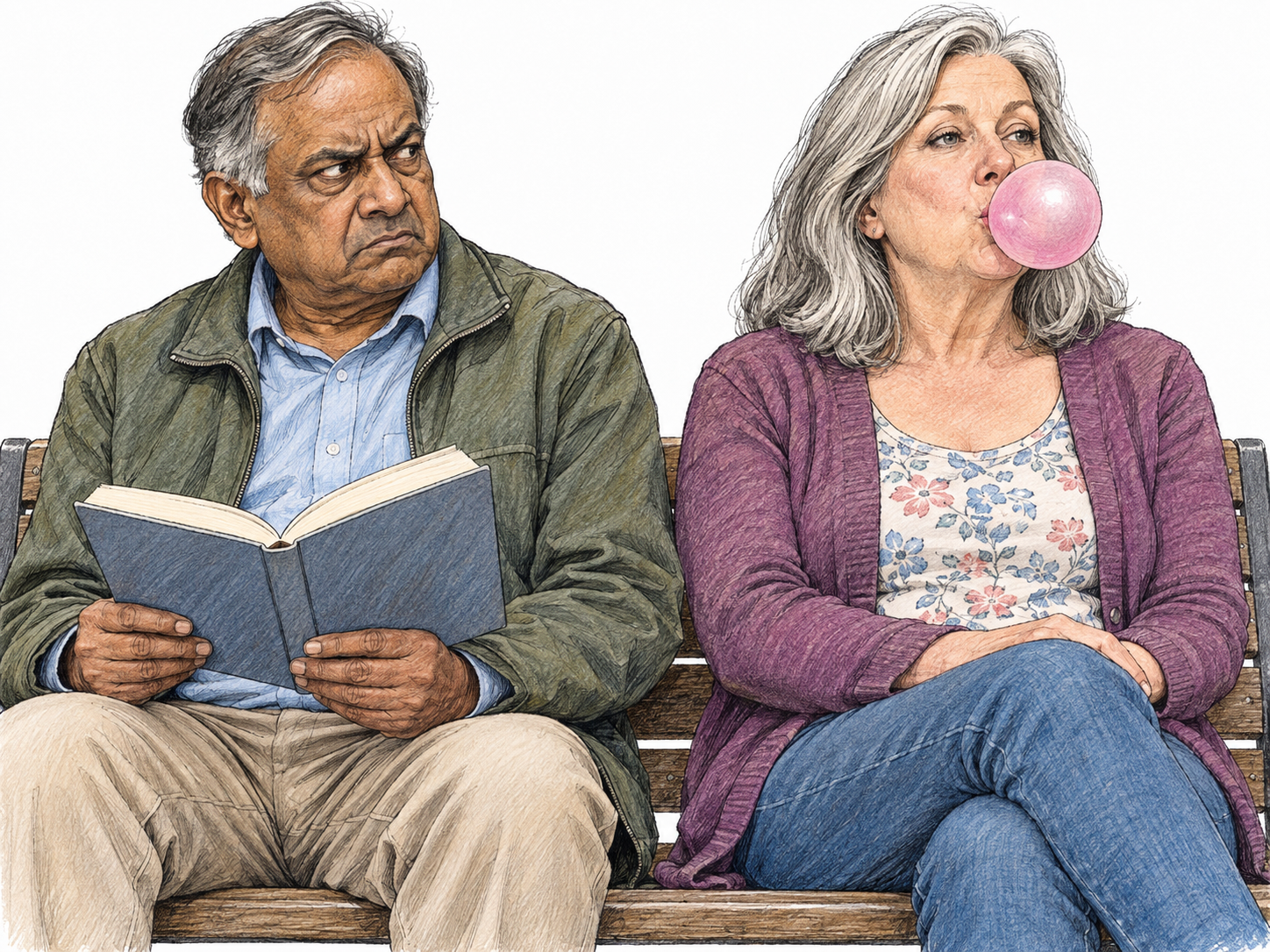 A woman blows a large chewing-gum bubble beside a man trying to read; he lowers his book and gives her an unmistakably irritated sideways look.