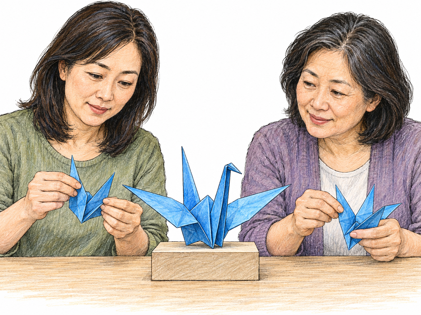 A beautifully folded origami crane serves as the visible model for two adults carefully making matching cranes.