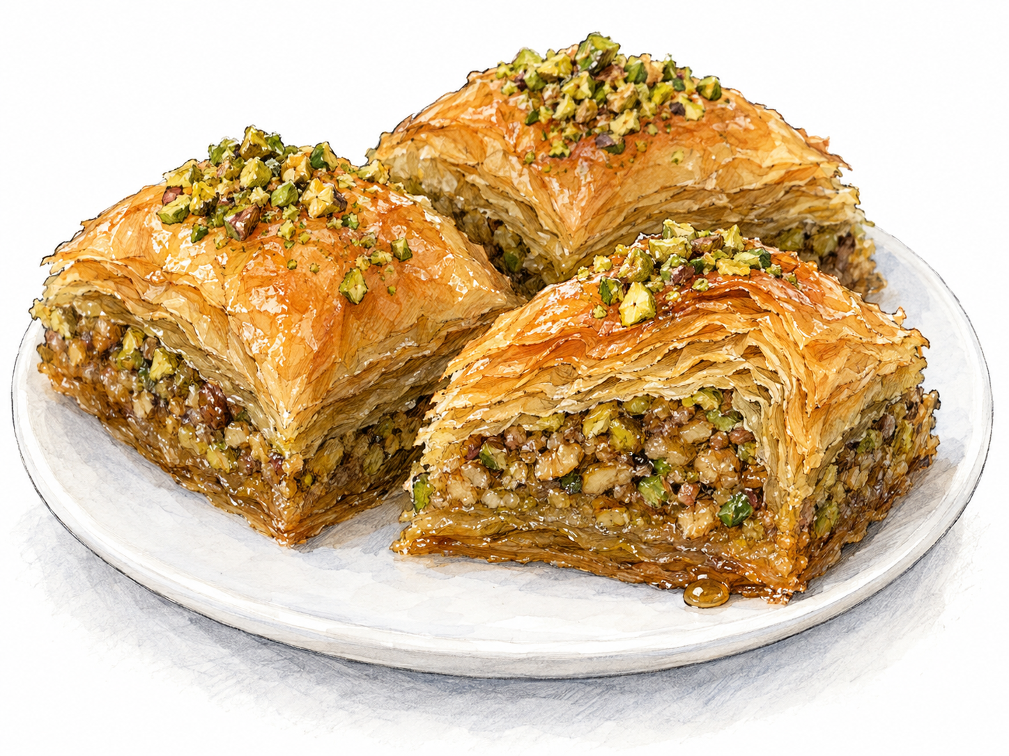 A close three-quarter view of diamond-cut baklava on a plain plate, with one piece separated to expose thin golden pastry layers, chopped nut filling, and glossy syrup.