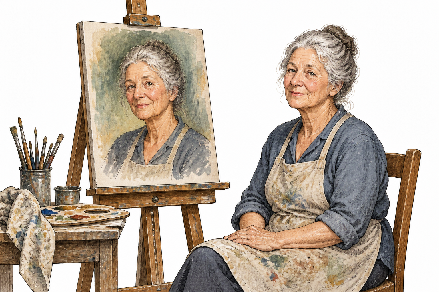 A finished painted portrait of an older woman on an easel, subject seated beside it for clear likeness.