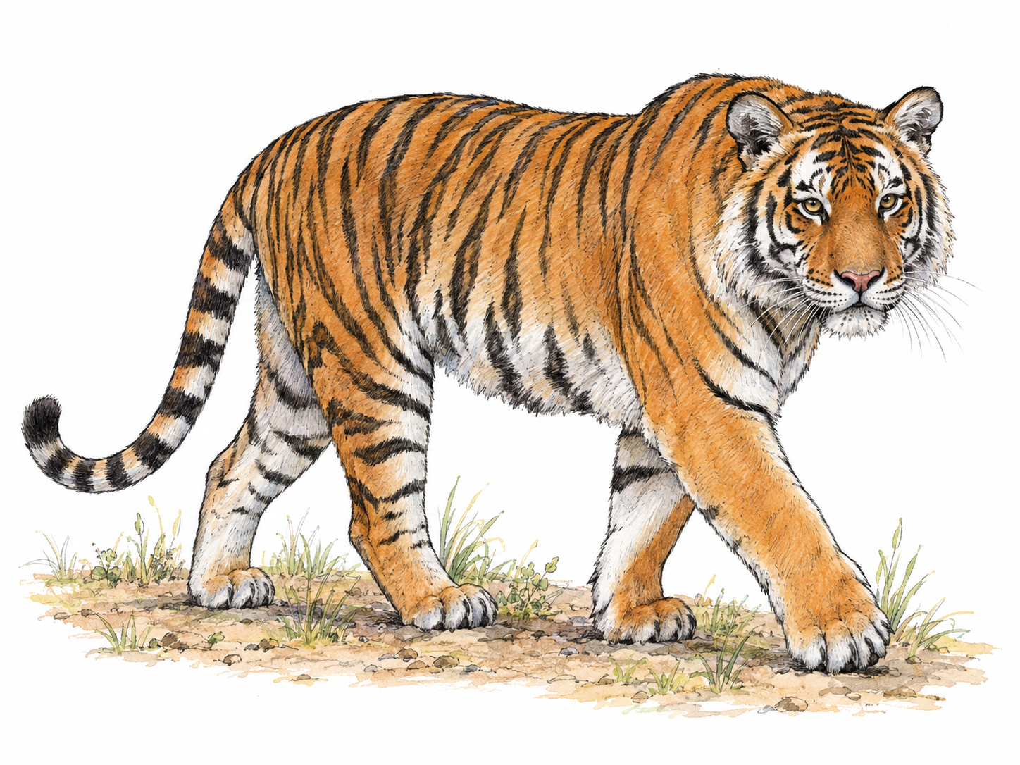 One adult Bengal tiger walking in side-three-quarter view, its large muscular body, orange coat, black stripes and white facial markings clearly visible, with only a few grasses suggesting its wild habitat.
