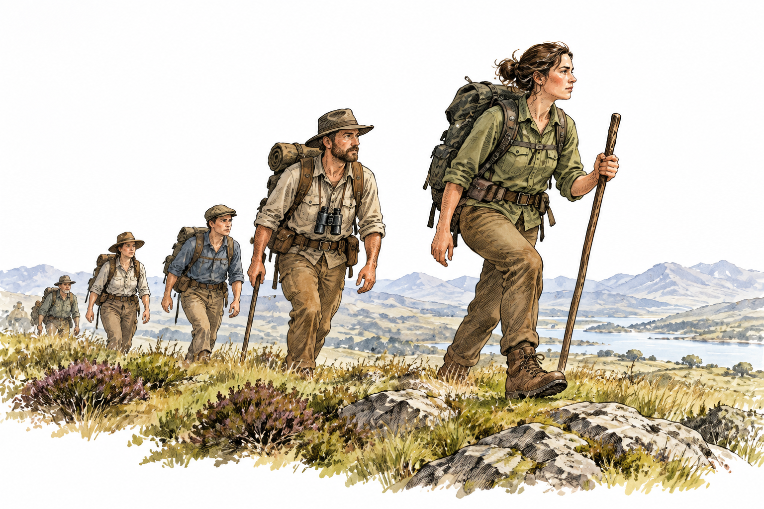 A small expedition's leading group at the front of a column crossing open country, advance position clear through composition, no banners or lettering.