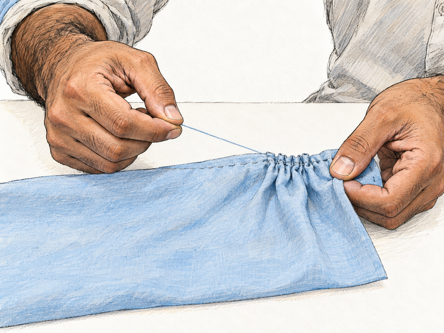 A close-up of a man pulling a running-stitch thread through a strip of fabric, drawing one section into small tight wrinkles while the remaining fabric stays smooth.