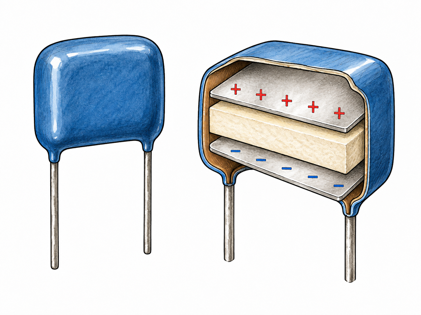 Simple electronic capacitor component with two leads beside cutaway showing two metal plates separated by insulating layer; brief plus/minus charge marks only, no circuit or lettering.