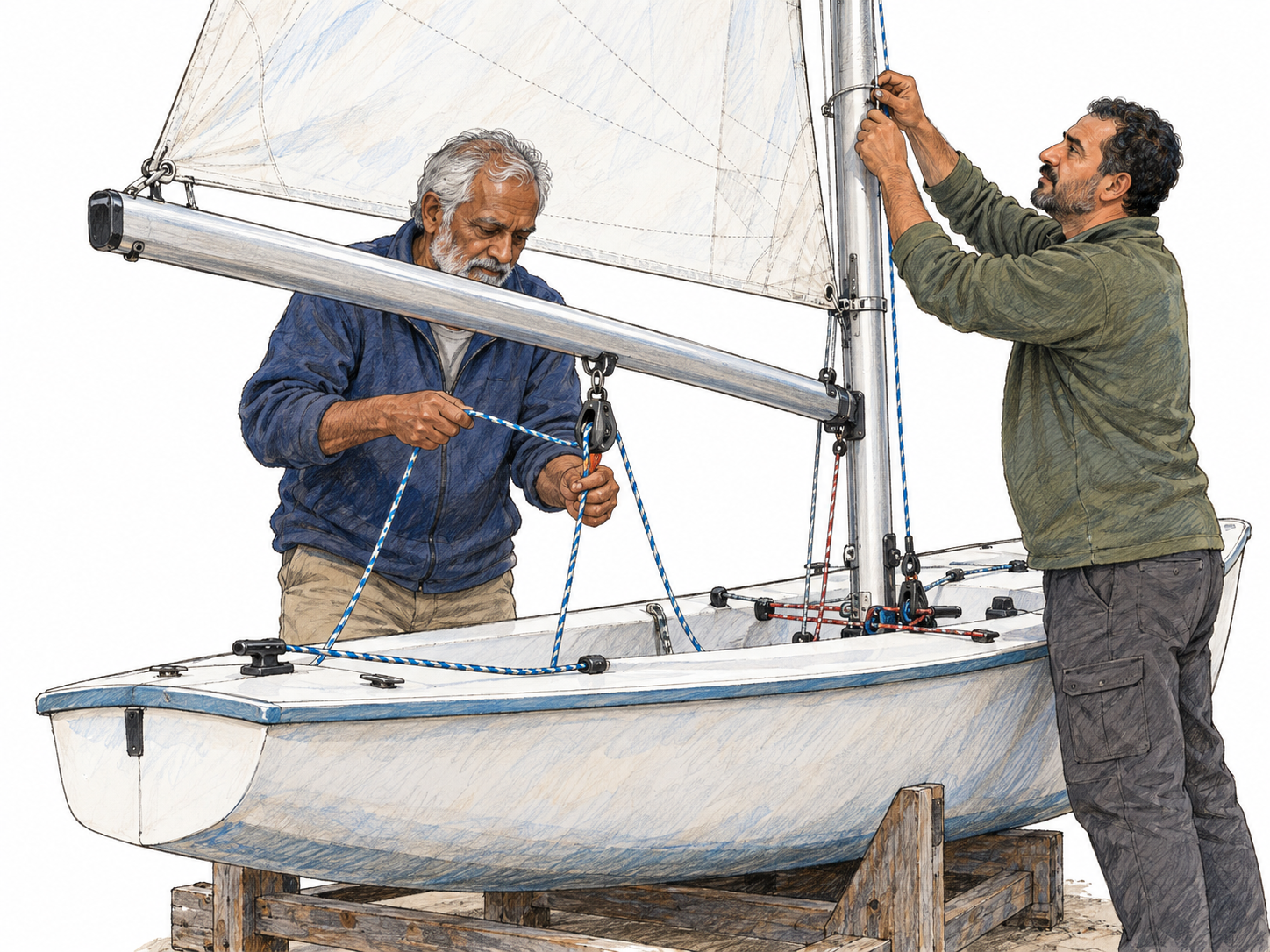 An older sailor equips a small sailboat for use by threading its sail-control rope through a pulley while a second sailor secures the sail to the mast.