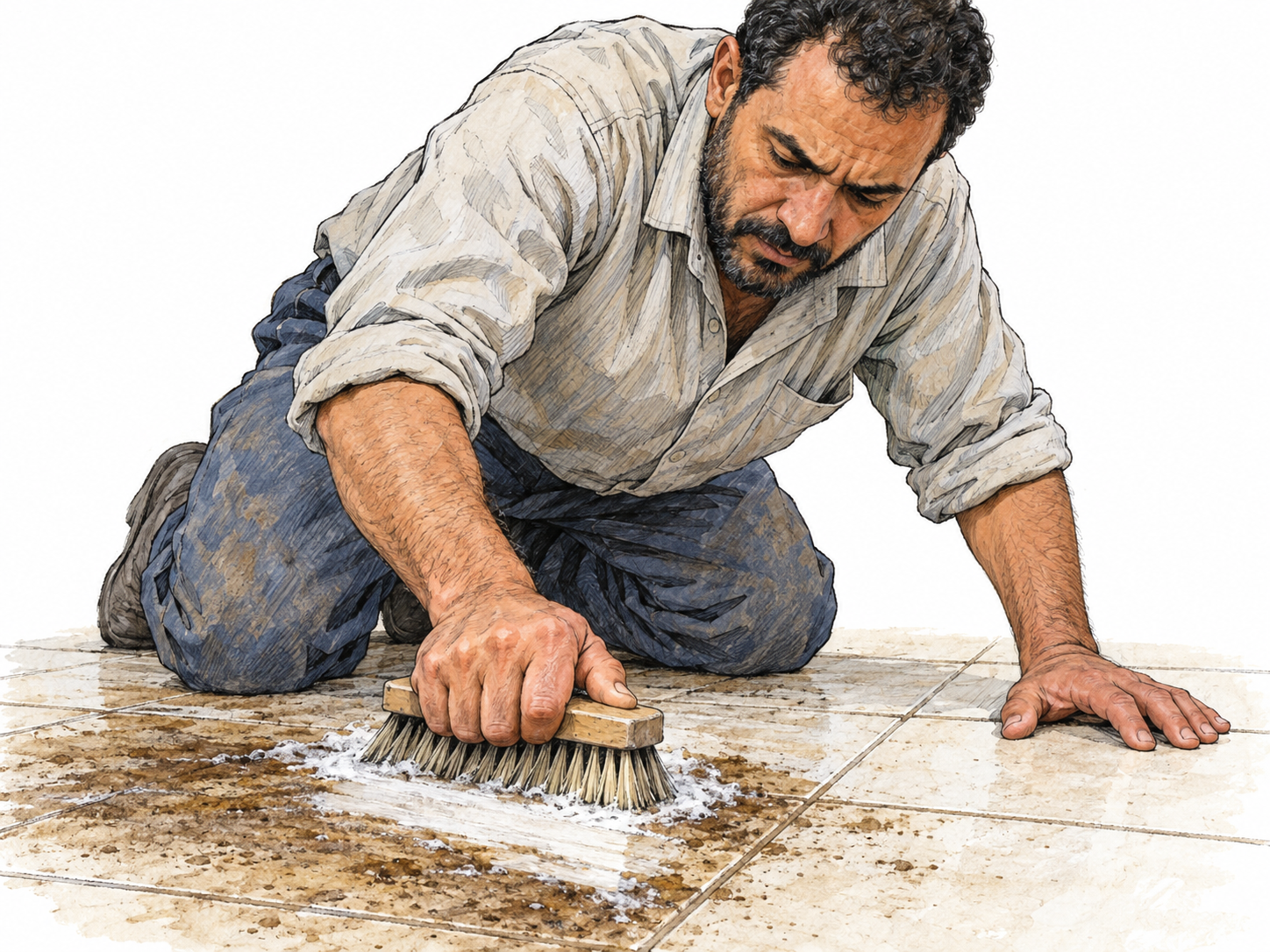A man vigorously scrubs a dirty tile with a stiff hand brush; compressed bristles, a forceful forward lean, and a clean swath through grime make hard-friction cleaning visible.