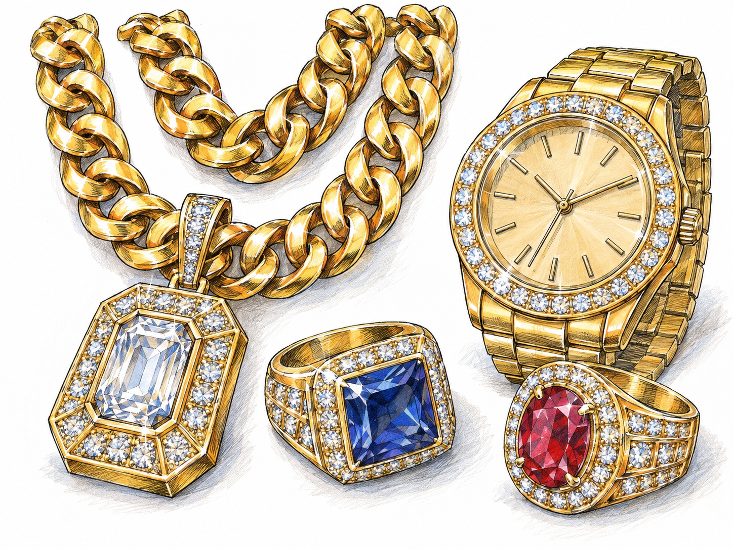 An extravagant cluster of oversized gold chains, a diamond-encrusted pendant, a jeweled gold wristwatch, and chunky gemstone rings makes flashy jewelry immediately recognizable without people or a luxury backdrop.