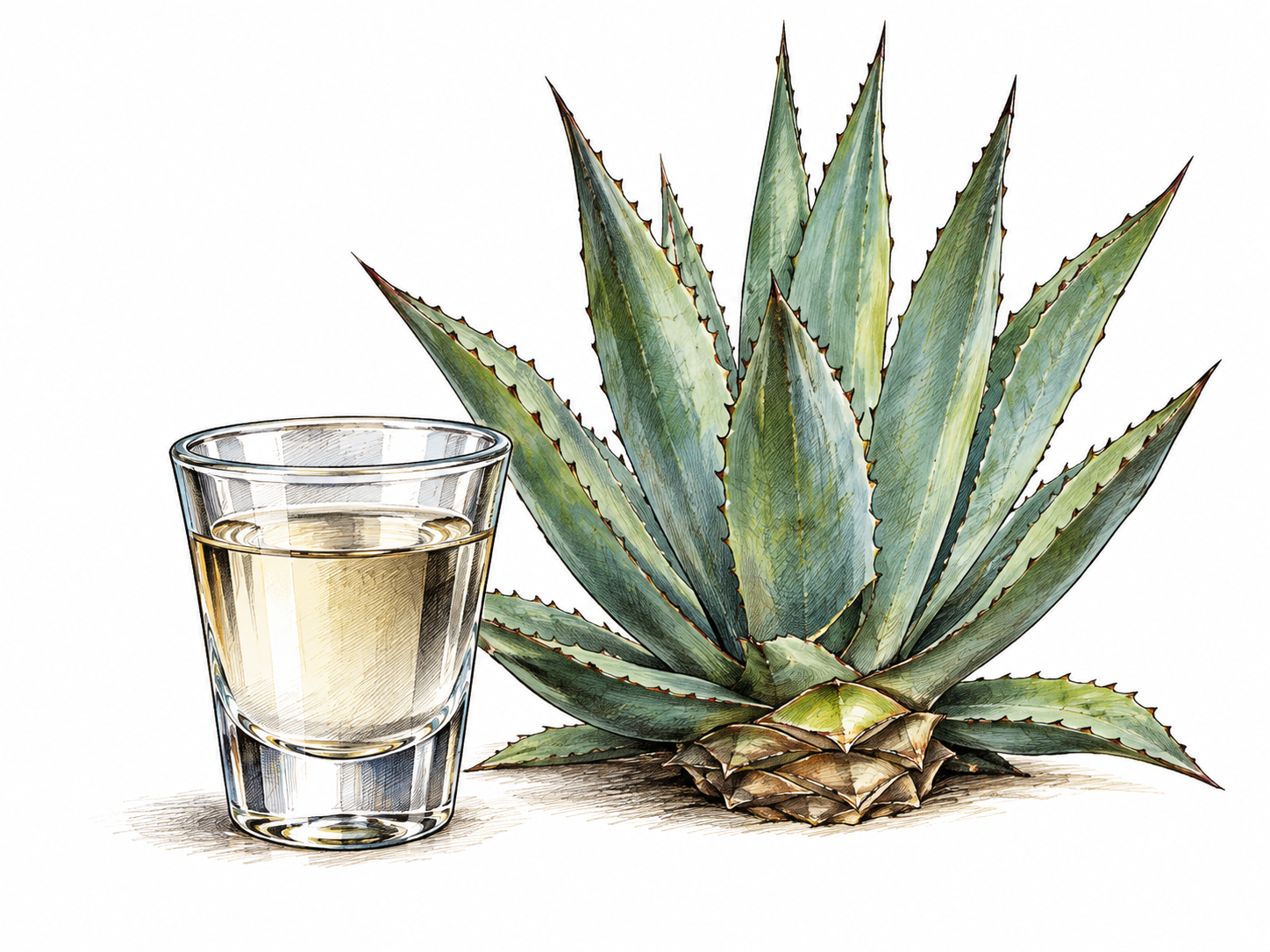 A small unbranded glass of mescal stands beside a mature agave plant detail, distilled agave drink sense, no intoxication, recipe or marketing.
