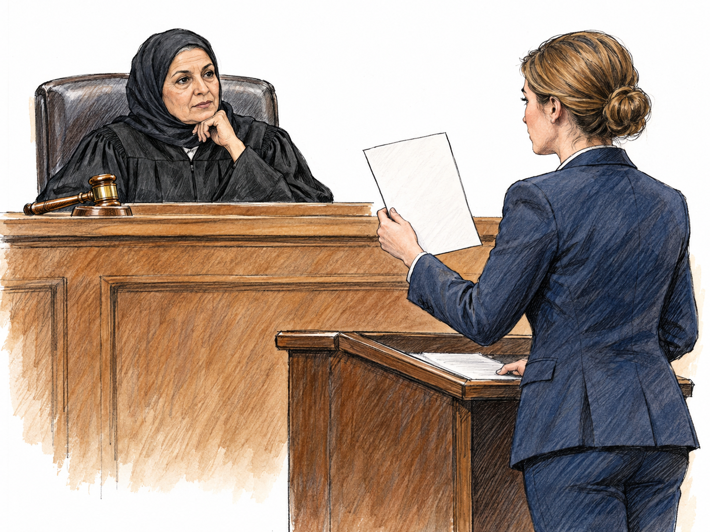 A judge presiding at a courtroom bench, with a lawyer presenting a document, concretely illustrates the selected sense 'connected with law.'.