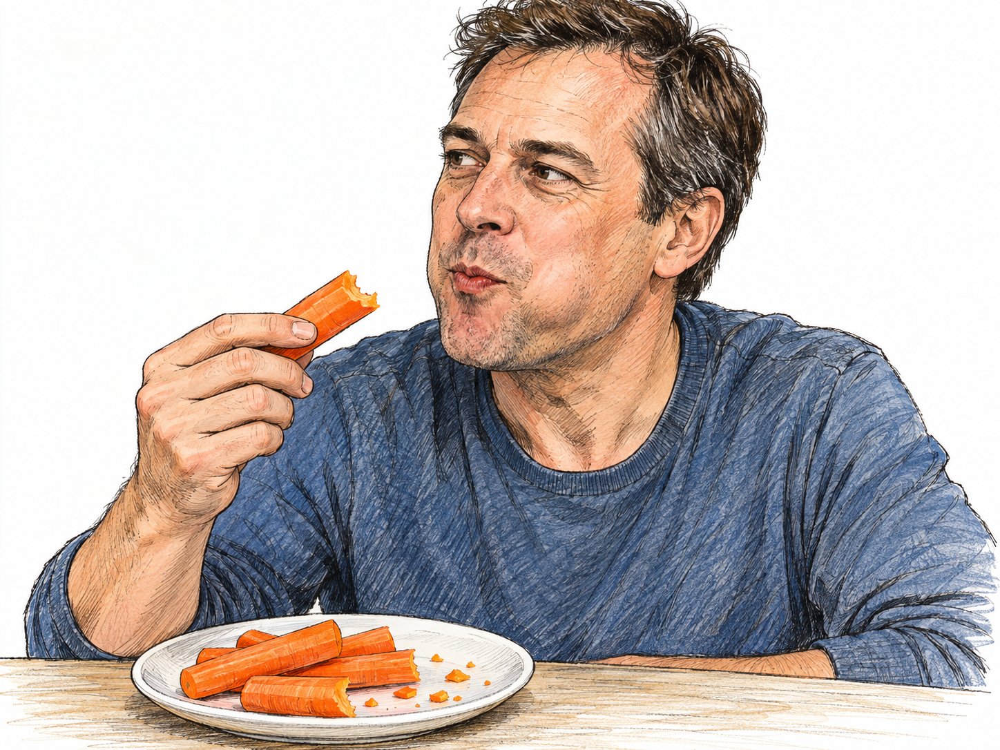A man chewing a bite of a crisp carrot, with a rounded cheek, pursed chewing lips, and the freshly bitten carrot held near his mouth.