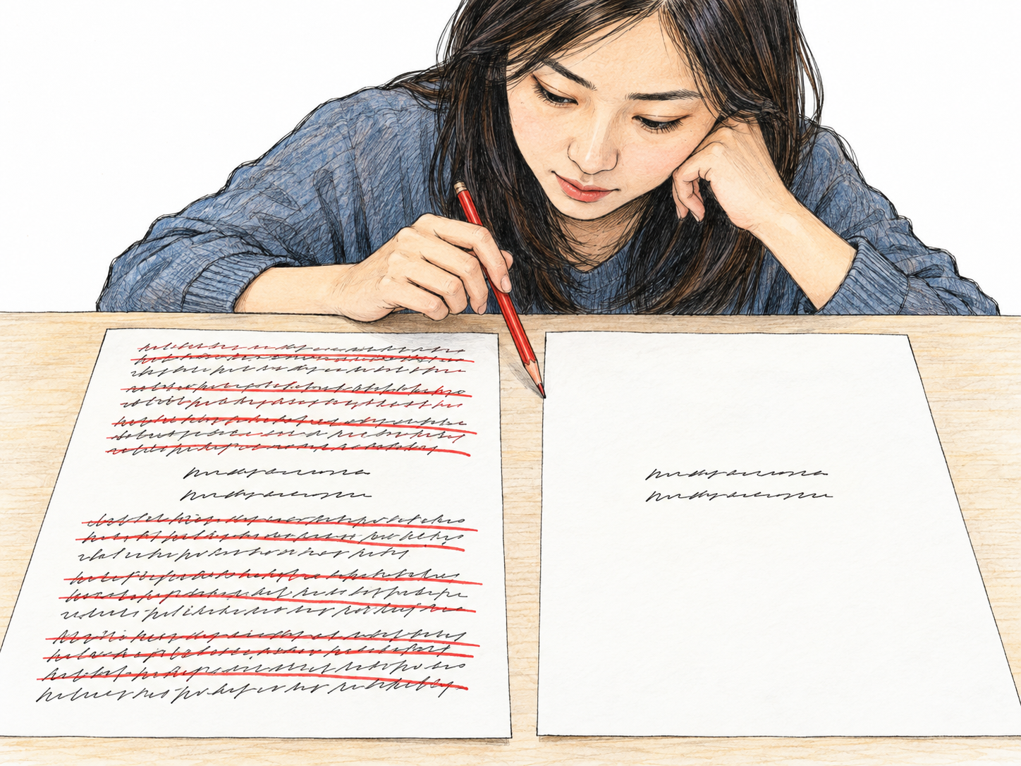 An editor strips a manuscript down to its small surviving core: nearly all of the dense draft is crossed out in whole blocks, while a short clean version sits beside it.