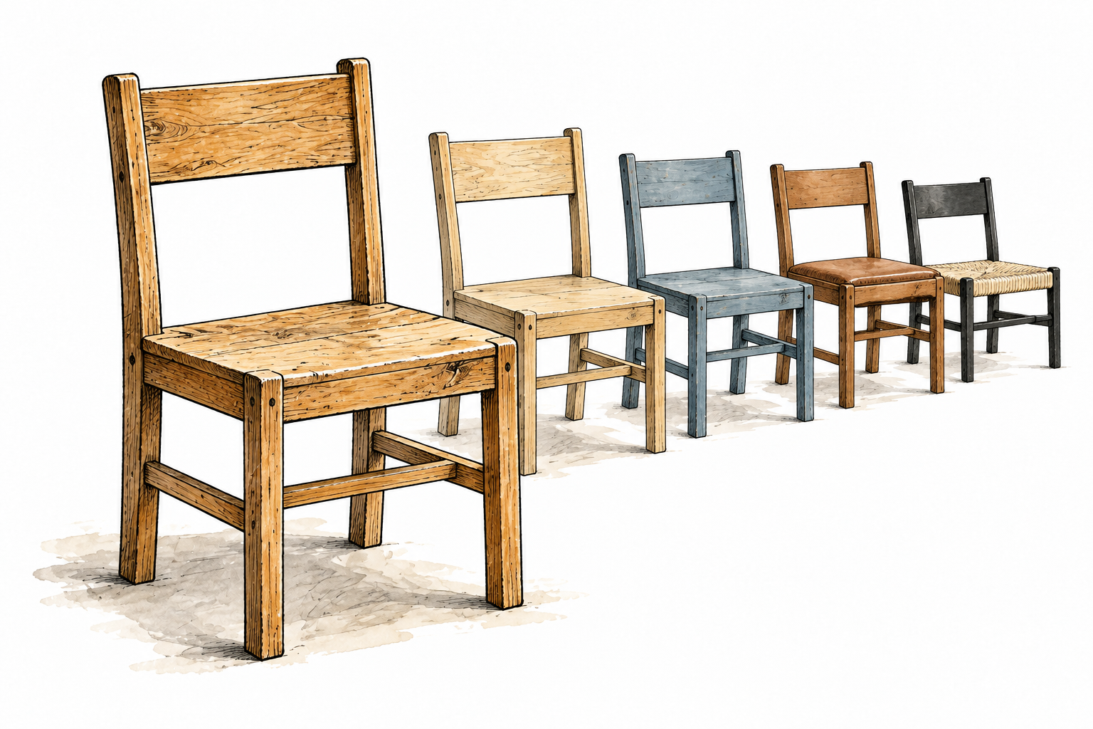 An original simple wooden chair model stands foremost, with several later chairs visibly following its basic pattern behind, original model clear.