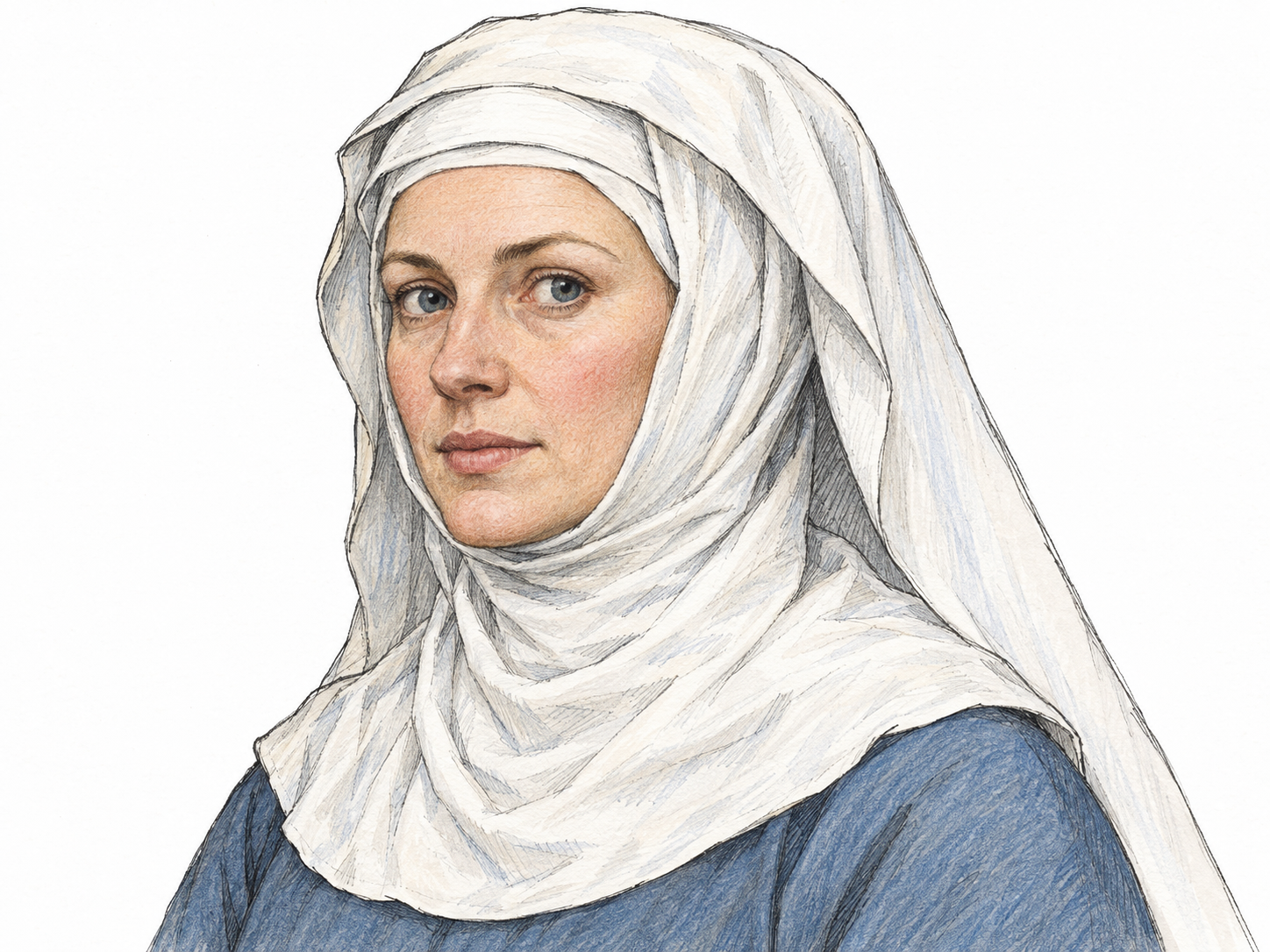A close three-quarter bust portrait of a medieval English woman wearing a white linen wimple, clearly showing the cloth framing her face, passing beneath her chin, and covering her neck.