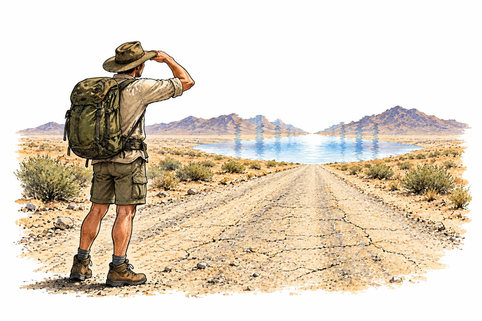 A traveler sees a shimmering distant apparent lake on hot dry desert road, mirage with actual dry road visible.