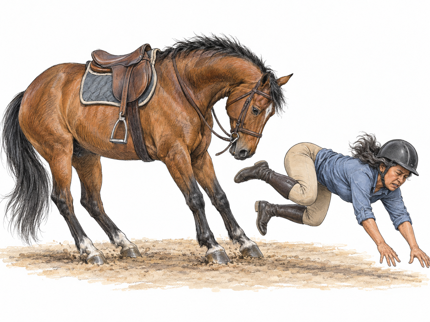 A helmeted rider is thrown headfirst over her abruptly stopping horse's head, visibly losing her seat and stirrups: a sudden, serious riding fall.