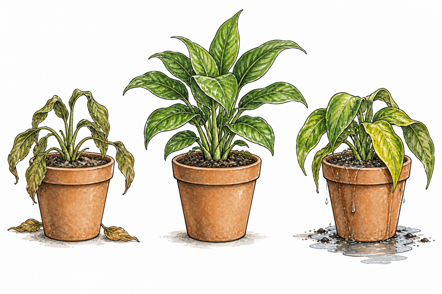Three potted plants under too little, suitable and excessive water, central plant healthy and strongest, no text.