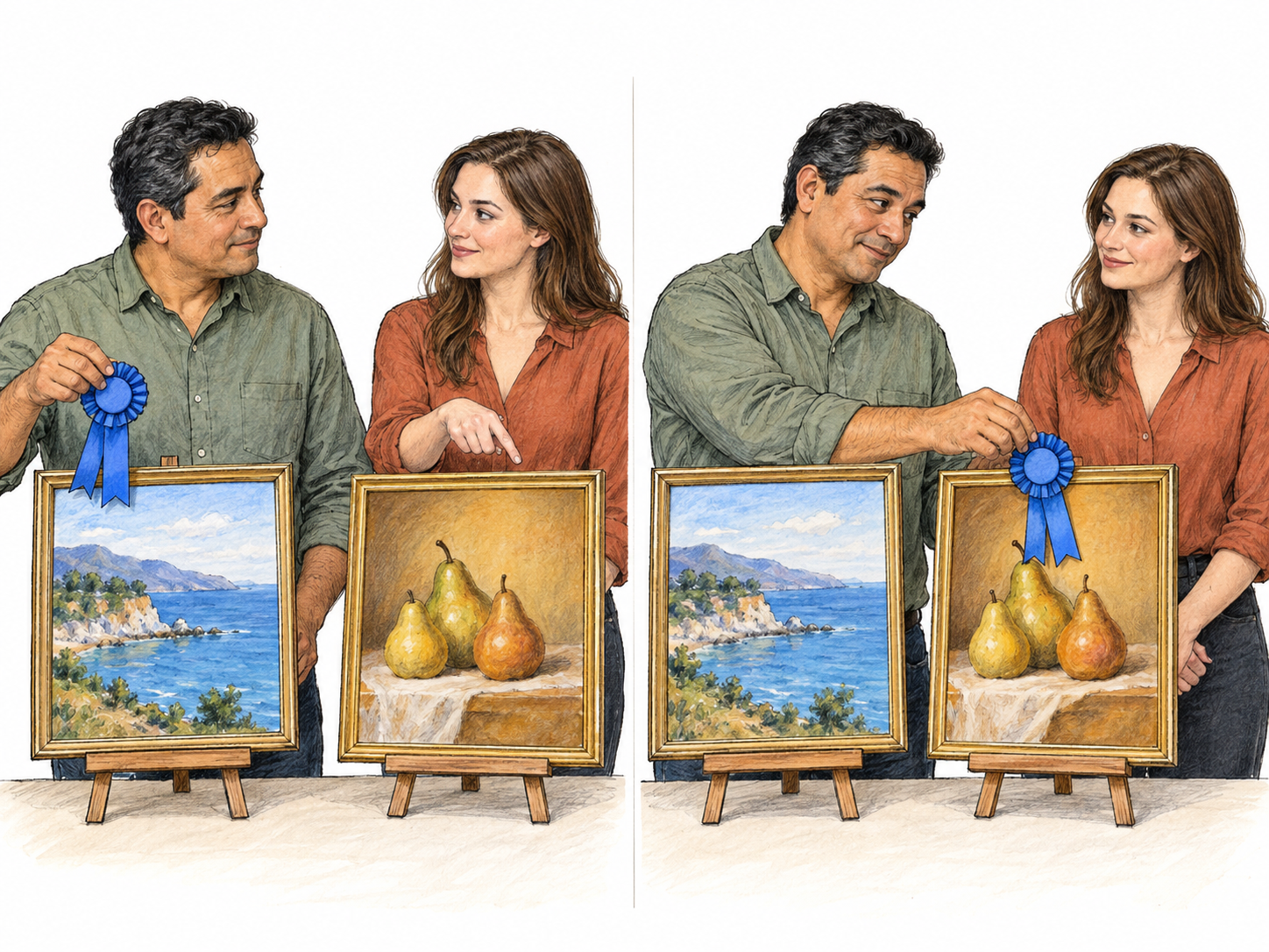 Deference shown through a courteous change of judgment: an art-show juror abandons his own preferred winner and awards the ribbon to the painting his fellow juror recommends.