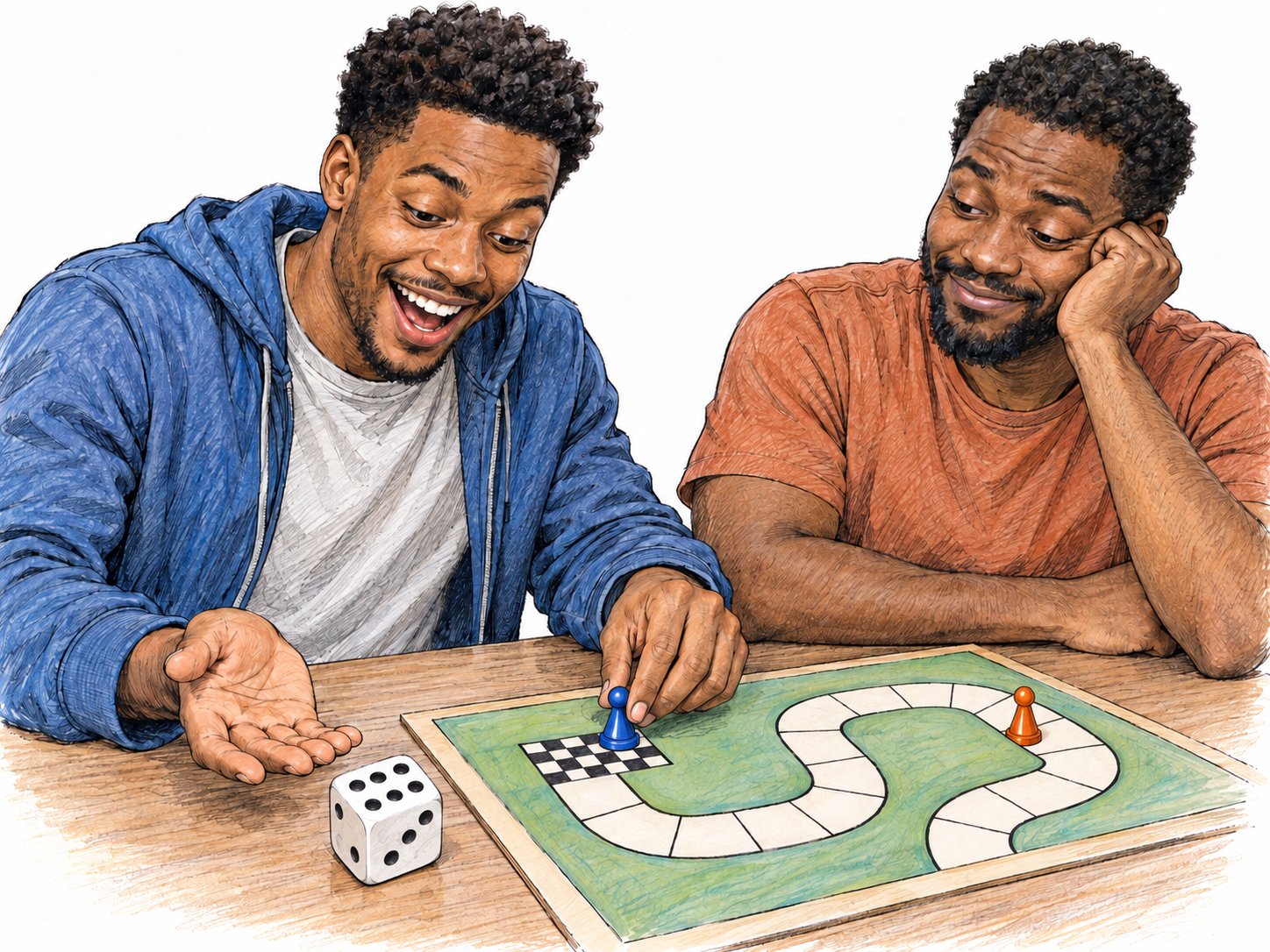 A fortunate dice roll decides a simple board-game race: a player rolls six and advances his pawn across the checkered finish while his opponent's pawn remains behind.