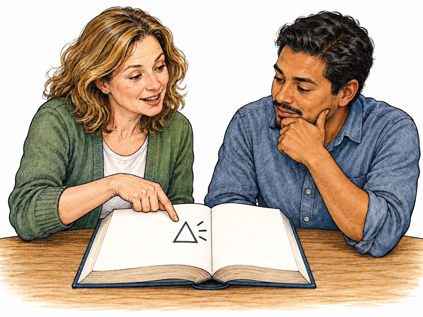 A plain open dictionary-like reference book showing one simple triangle symbol paired with three tiny side-mark strokes in a neat entry, and a teacher indicating the entry to a learner.