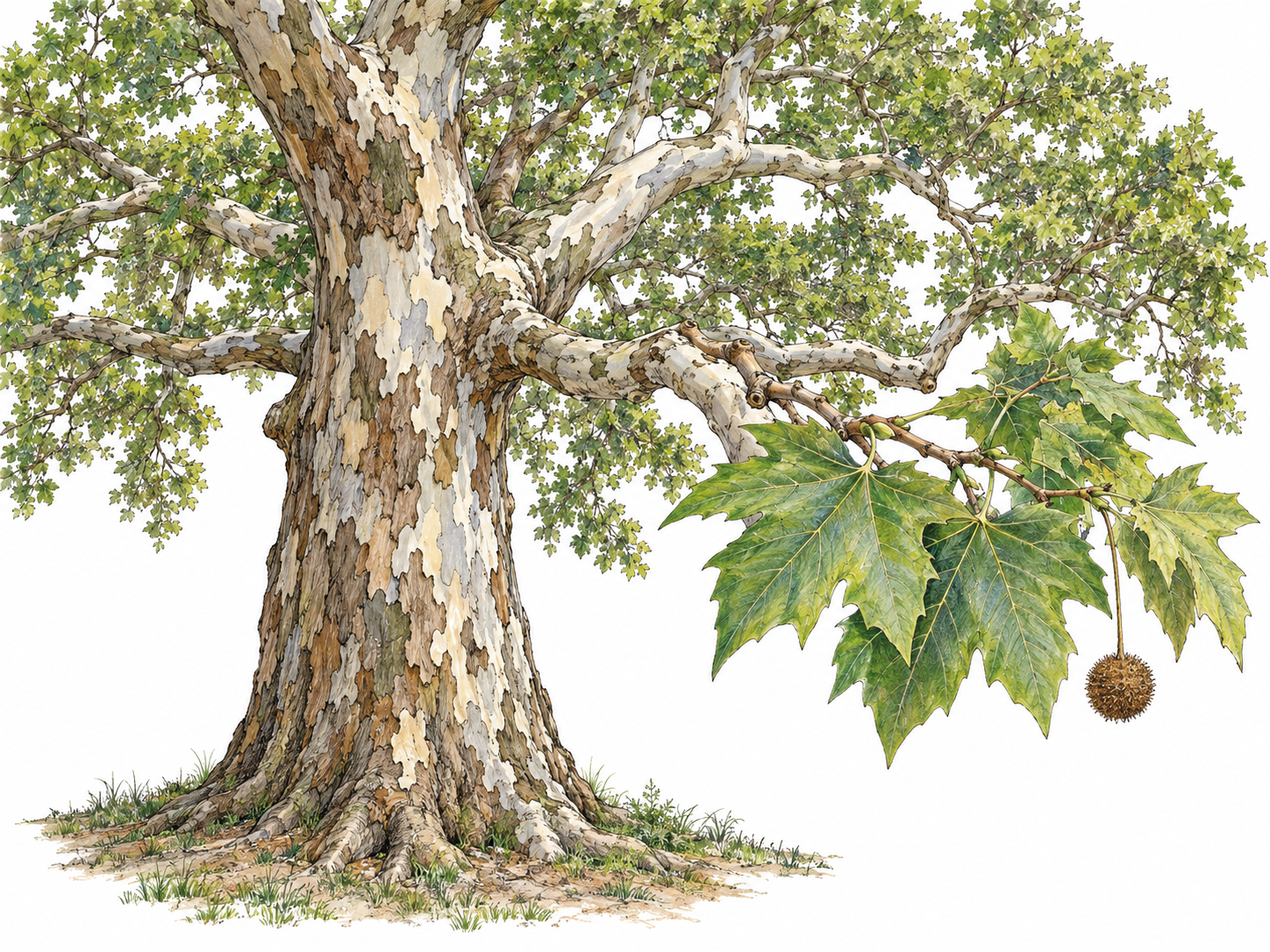 A mature American sycamore with a broad spreading crown, large lobed leaves, and conspicuous peeling bark revealing pale cream patches.