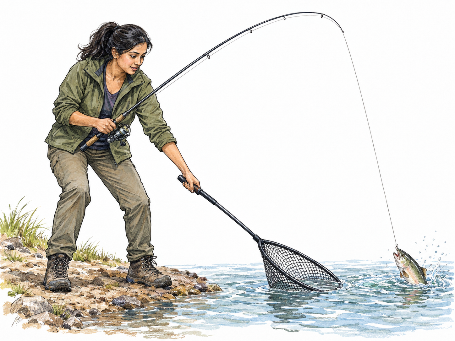 A recreational fisher stands at a quiet riverbank, holding a fishing rod while guiding a visibly hooked fish into a landing net.
