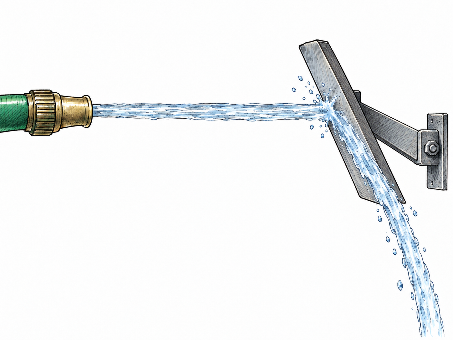 A horizontal jet of water strikes an angled metal plate and visibly turns downward, showing something diverted from its original path.