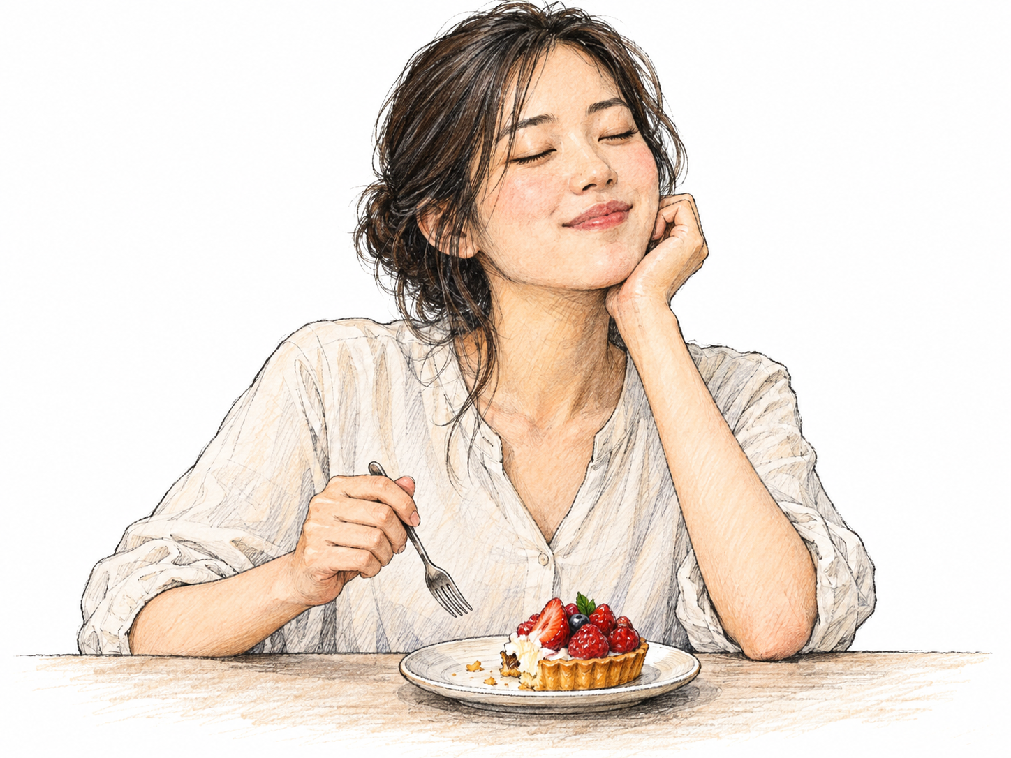 A young adult East Asian woman savors a bite of a fresh berry tart, her relaxed expression conveying unmistakable pleasure; the remaining tart sits on a small plate beside her.