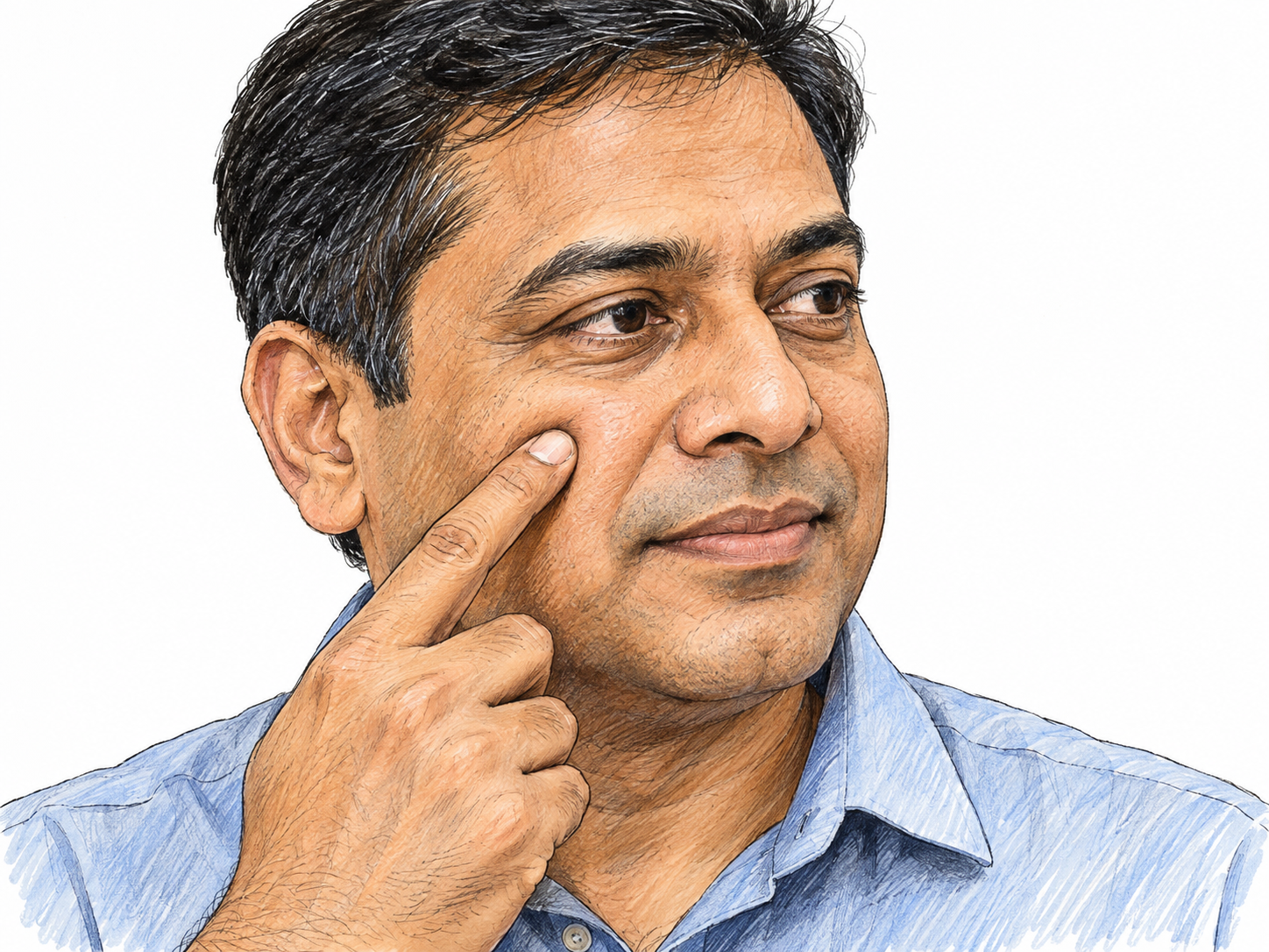 A close three-quarter view of a man's face as his fingertip gently presses the fleshy cheek below his eye, making a small visible indentation that clearly identifies the body part.