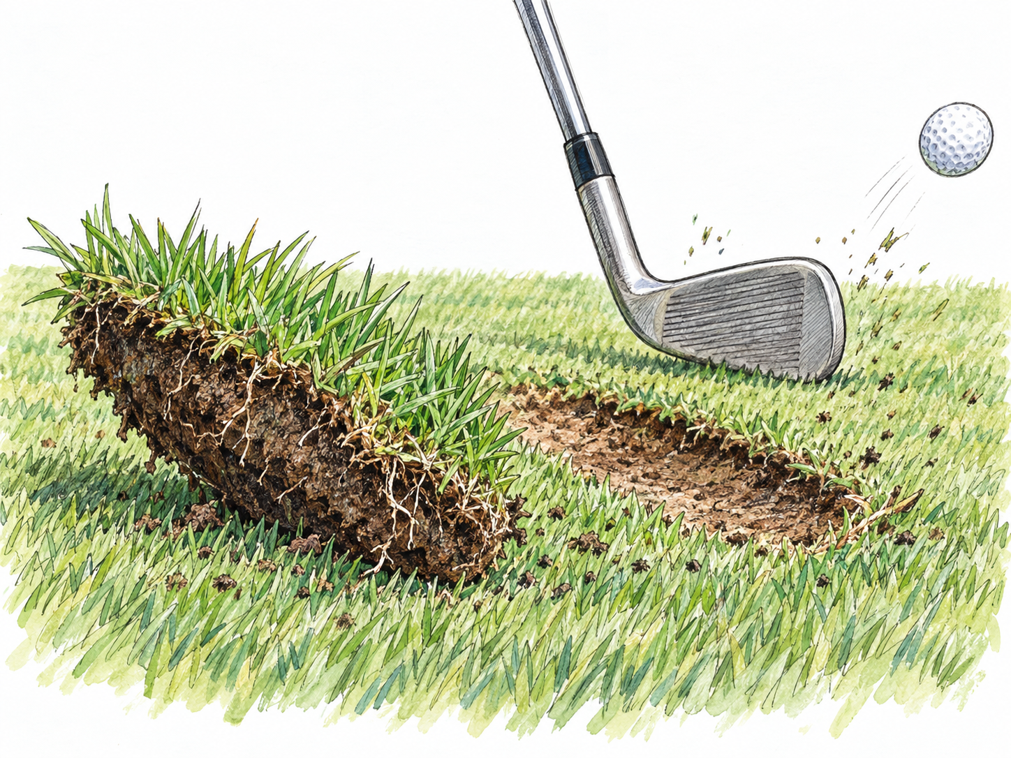A close-up of a freshly displaced chunk of golf-course turf beside its matching shallow scar, with an iron clubhead just beyond the scar and a golf ball slightly airborne ahead of it.