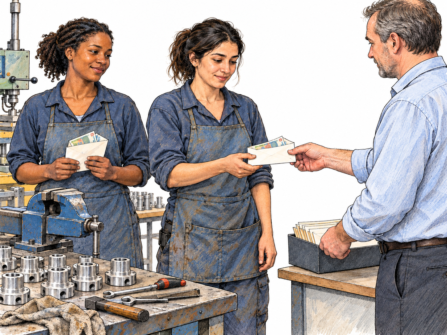 Two factory workers in practical work clothes receive cash wages beside their production workbench, making wage-earning working people the central subject.