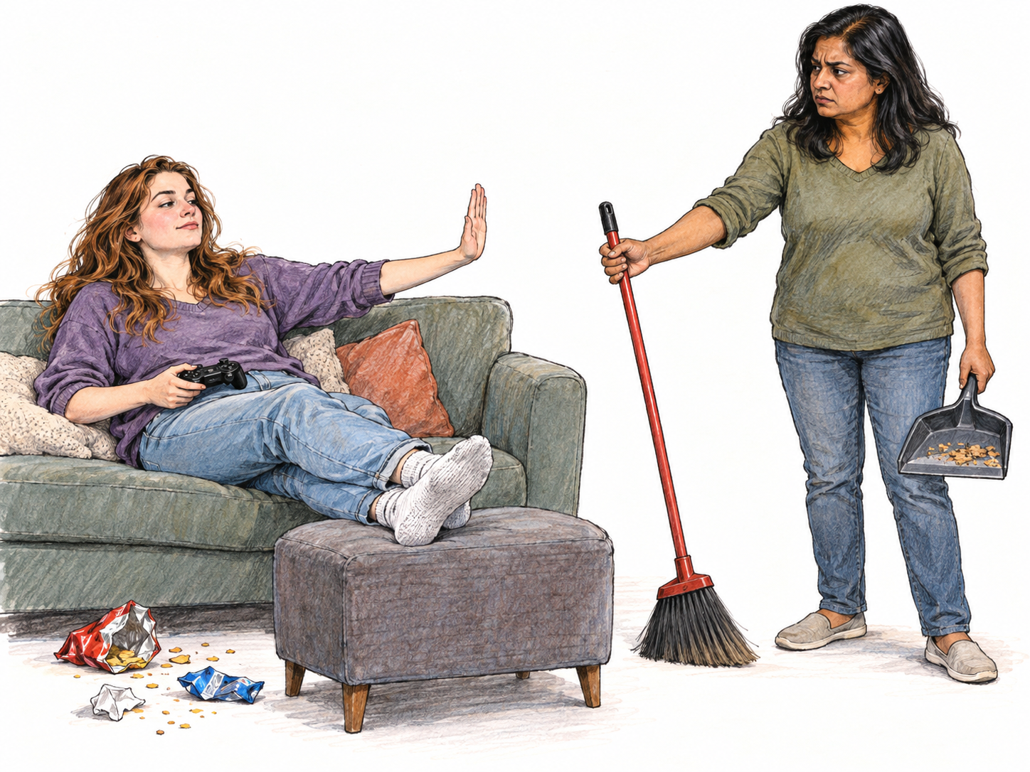 A conspicuously idle housemate lounges and games amid a shared cleanup, declining an offered broom while her working housemate looks exasperated.