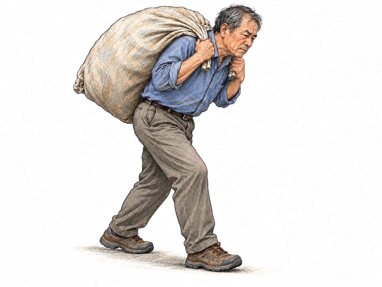 An older man bears a large, heavy sack across his shoulders, visibly struggling under its weight: a concrete depiction of a burden resting on someone.